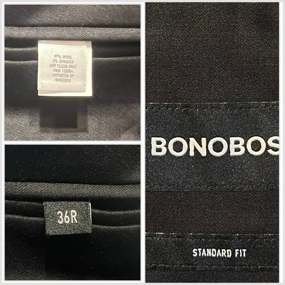 Bonobos Jetsetter Black Suit 36R 29x30 Standard Fit Wool Stretch NWOT